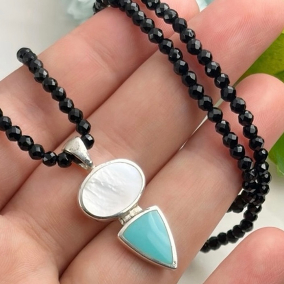 Vintage Sterling Silver 925 Mother of Pearl & Turquoise Pendant Necklace - Picture 3 of 6